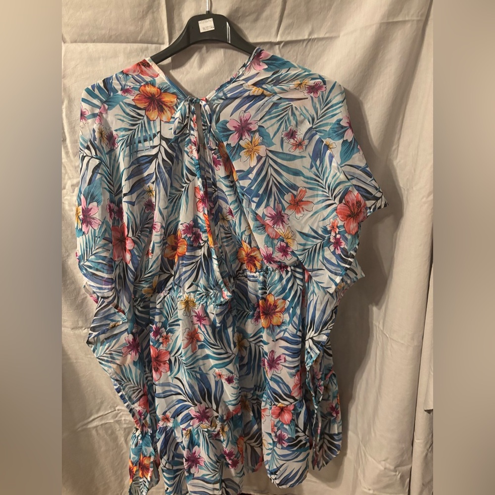 Floral tank swim top with Teal High-Waisted Bikini Bottom and matching coverup.